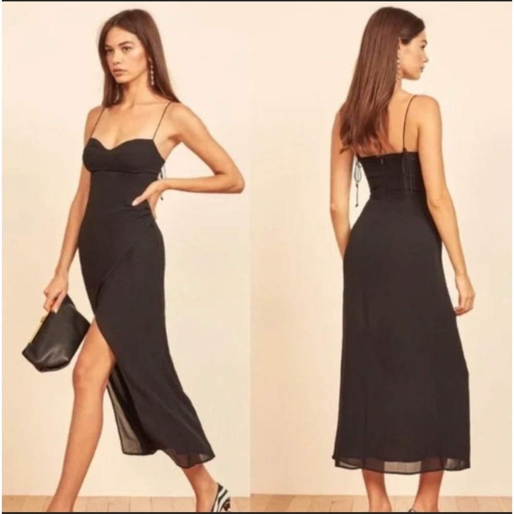 Reformation Size 10 Black Juliette Sleeveless Midi Dress Tie Straps Side Slit